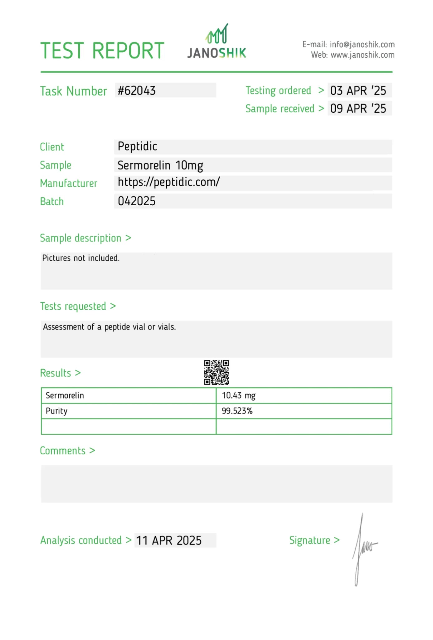 Sermorelin — 10mg Certificate