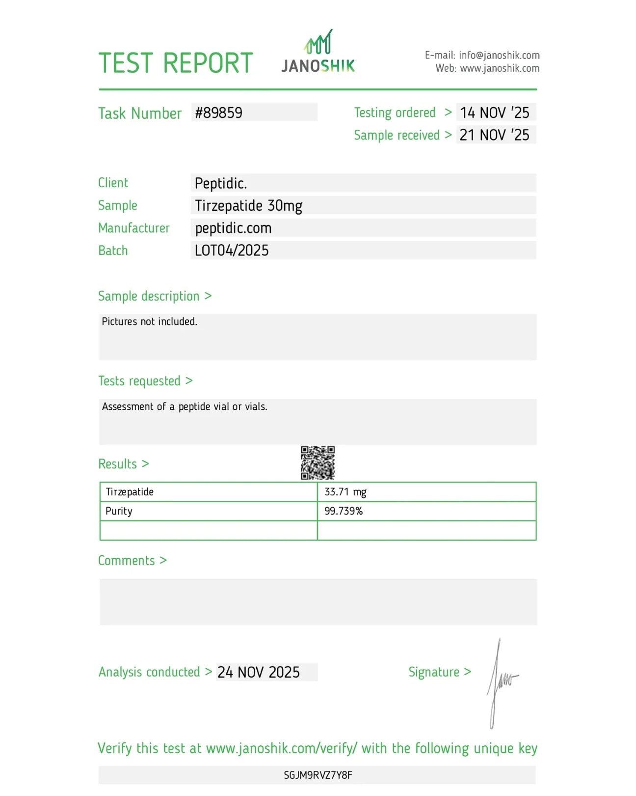 Tirzepatide — 30mg (10 vials) Certificate